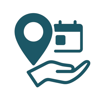Icon of a location pin, calendar, and hand in teal on a white background