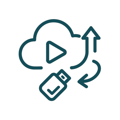 Icon of a cloud, USB drive, and play button with arrows indicating data transfer.